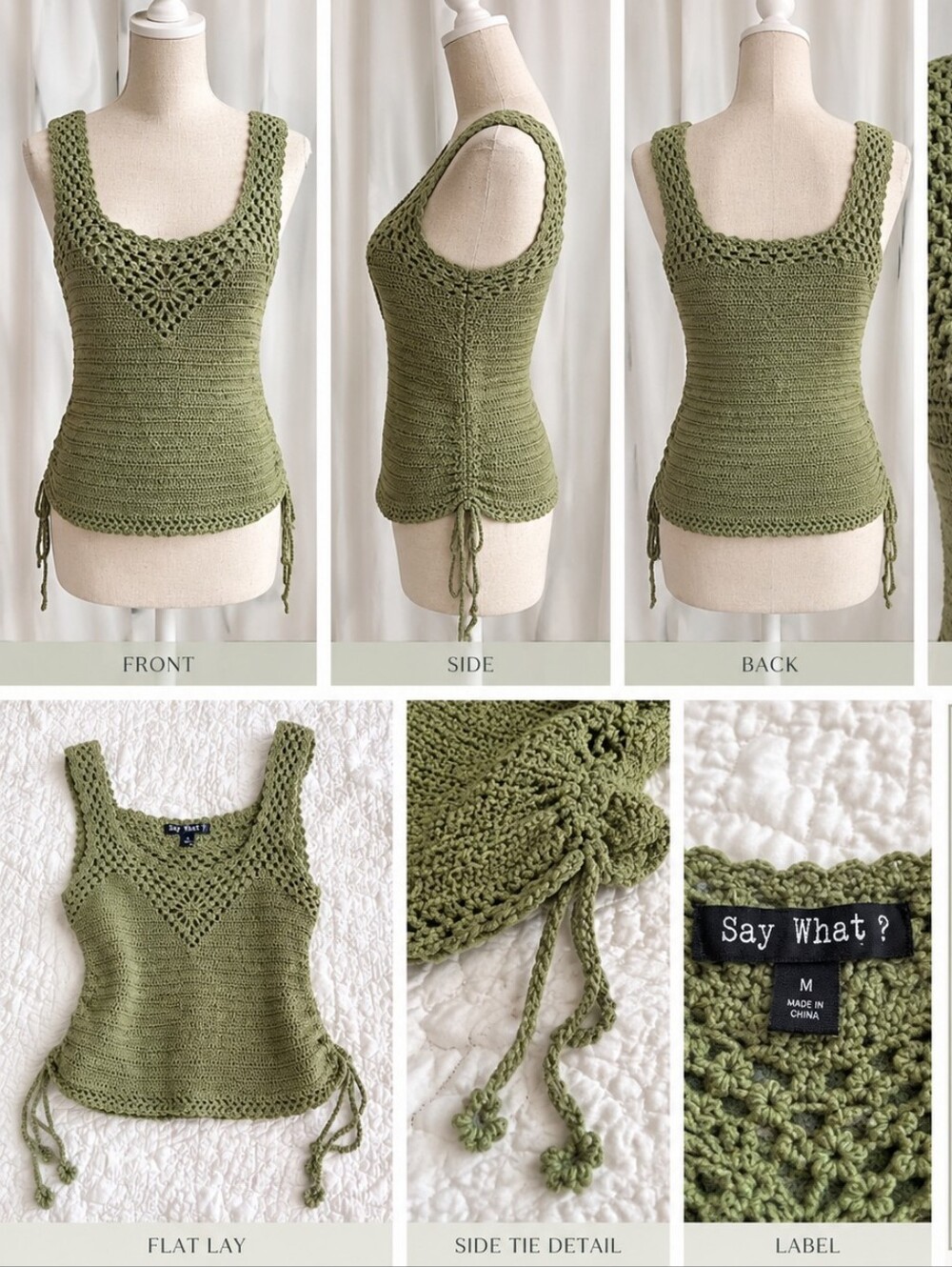Say What? Olive Crochet Side-Tie Tank Top